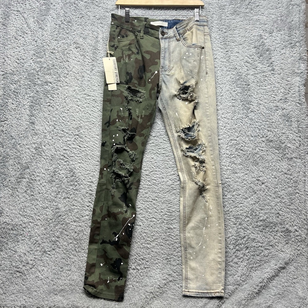 KDNK Jeans‎ Mens 32x30 Blue Camo Distressed Acid Wash Skinny Tapered